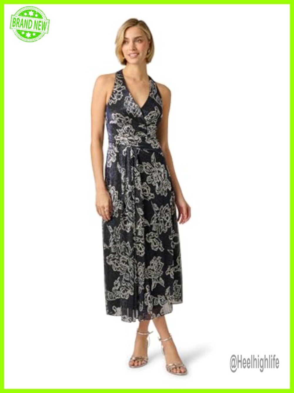 Sleeveless Surplice Midi Dress Metallic Floral Crinkled Chiffon A-Line